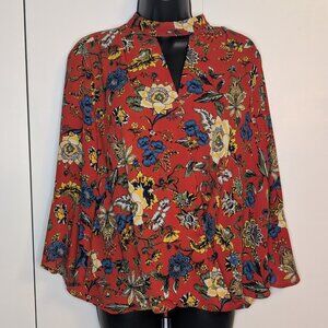 Monteau Red floral choker neckline wrap top w/bell ruffle sleeve SZ L
